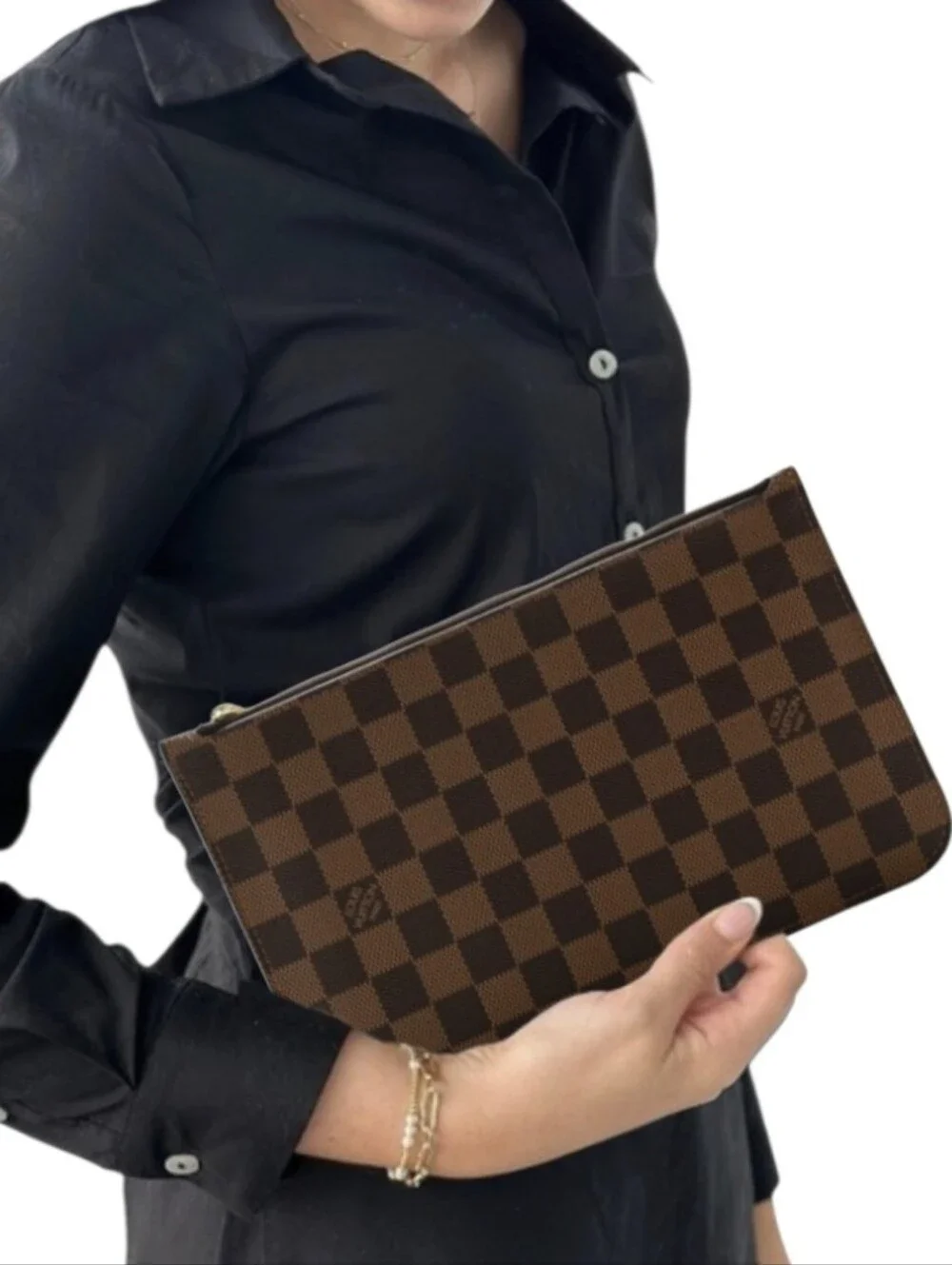 Authentic LOUIS Vuitton LV DAMIER EBENE NEVERFUL GM POCHETTE WRISTLET